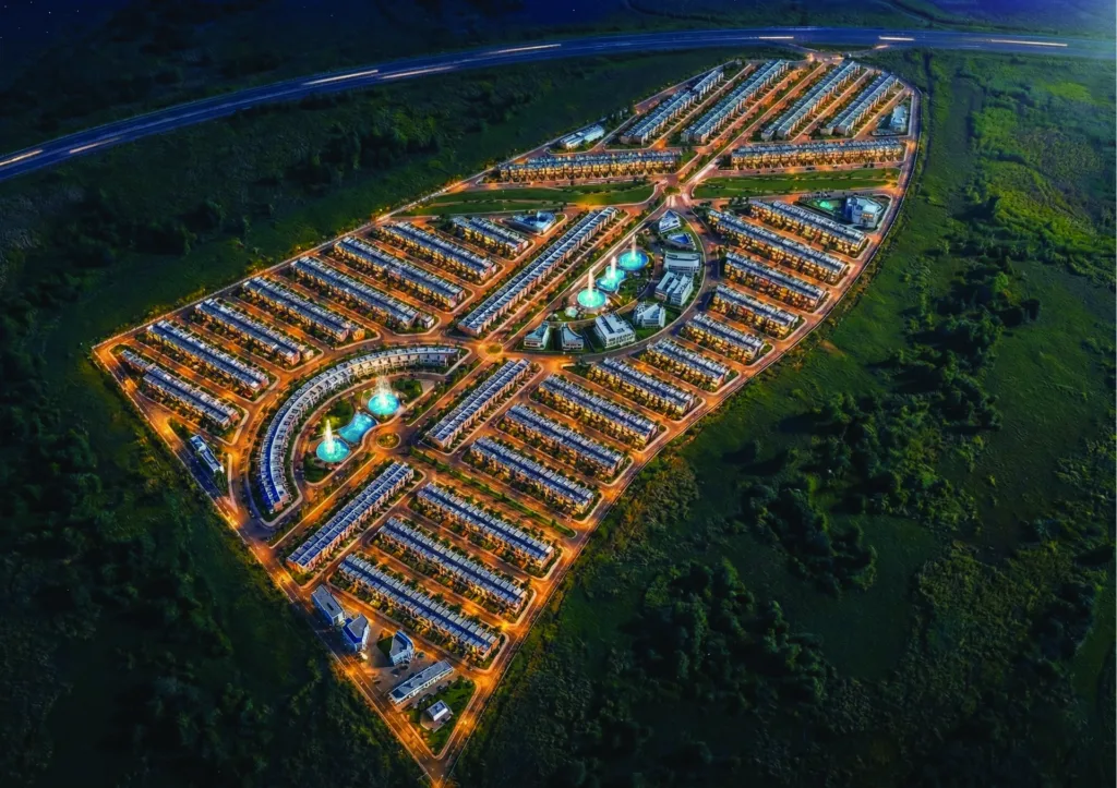 Baba Gurgur Residential: aerial overview of the residential master plan at night (architectural rendering)