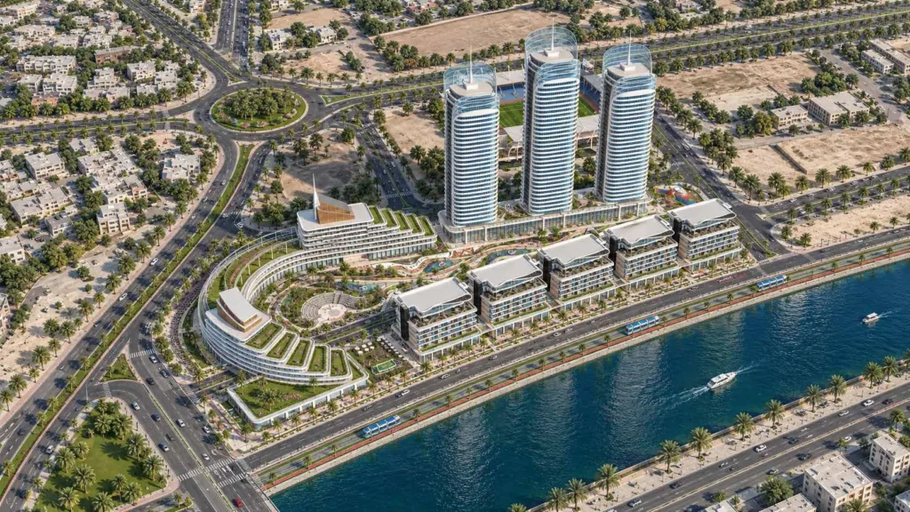 Florence Corniche: daytime aerial view of the waterfront development (architectural rendering)