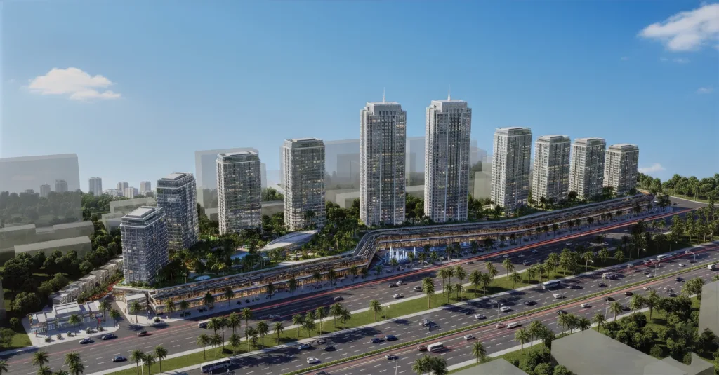 Kirkuk View: daytime view of the residential towers and landscaped podium (architectural rendering)