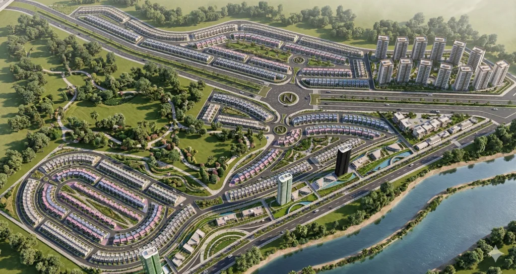 Shnay Hawar Residential Complex: daytime aerial view of the master-planned community (architectural rendering)